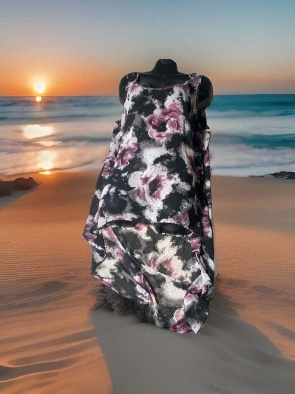 Torrid Womens Hi Low Tank Top Size 2 Black Pink Floral Round Neck Sleeveless